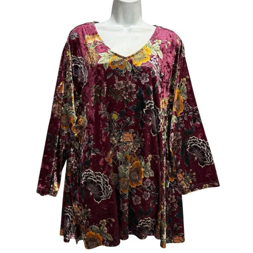 Calessa Velvet Romantic Boho Tunic Top Plus 3X Burgundy Floral Dark Romantic